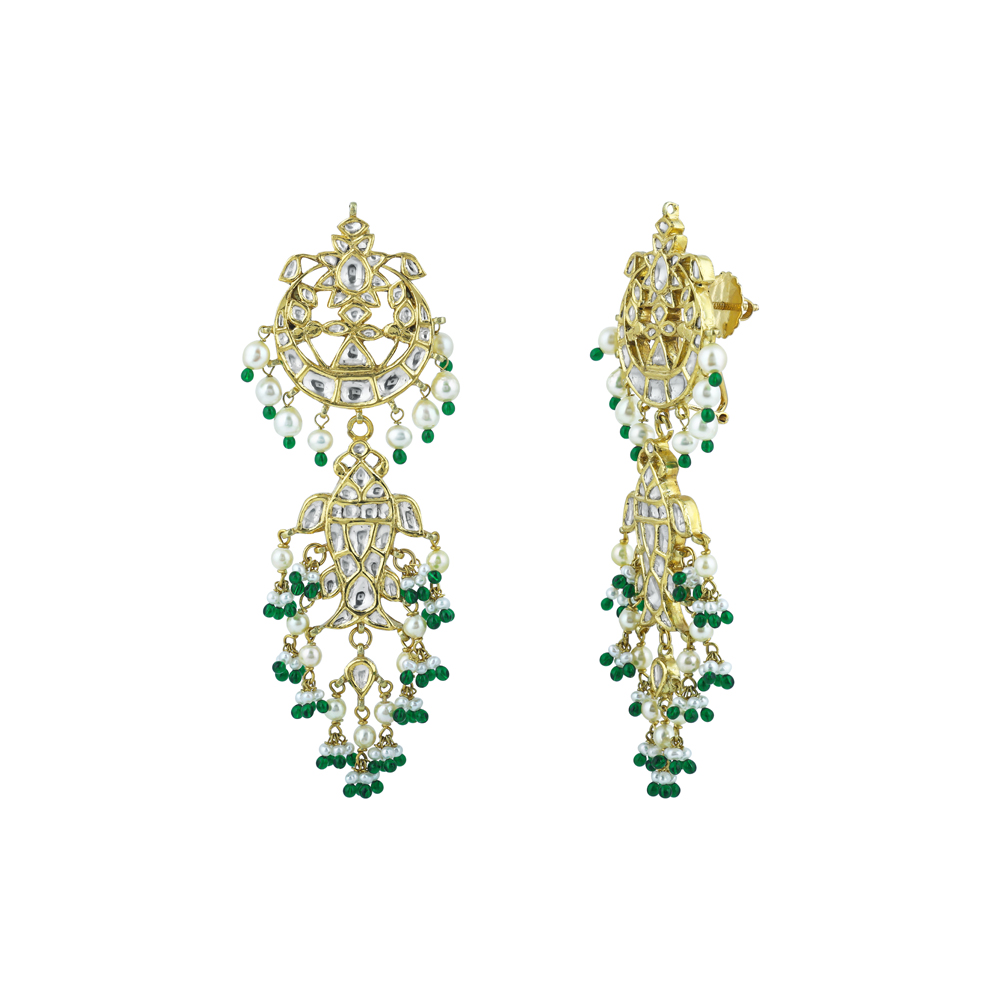 Polki Chandelier Earrings with Green Beads and Pearl Cascades